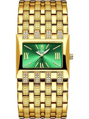 Women's Gold Green Rectangular Crystal Bangle Stainless Steel Quartz Wrist Watch